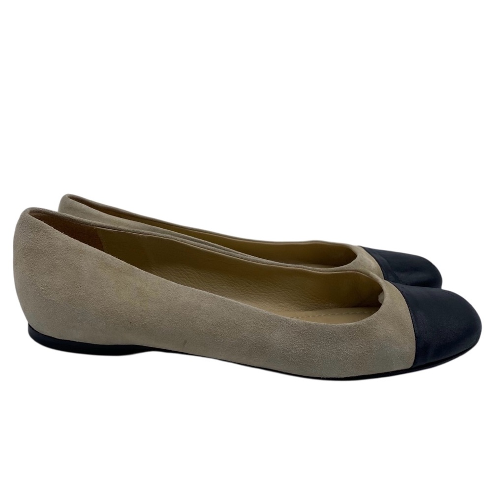 Garnet Hill Womens Shoes Leather Flats Sz 8 Tan Black Suede Cap Toe Italy Chic - Picture 2 of 11
